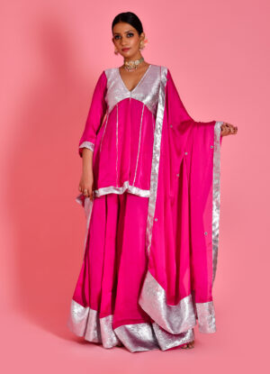 Magenta satin silk sharara set in Golden Muslin by Priyanka Rathore with refined gota detailing