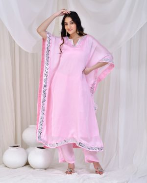 Golden Muslin pink satin silk kaftan set with gota patti detailing by Priyanka Rathore