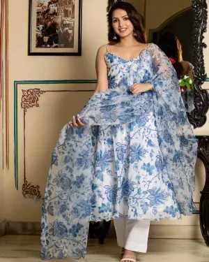 Ivory Chanderi suit set with blue floral prints, featuring an airy drape and subtle sheen for festive and daytime elegance, Golden Muslin by Priyanka Rathore.