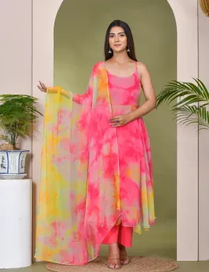 Pink and yellow chiffon suit set with airy drape and fluid silhouette, designed for summer comfort and daytime festivities, showcasing vibrant hues and graceful movement, Golden Muslin by Priyanka Rathore.
