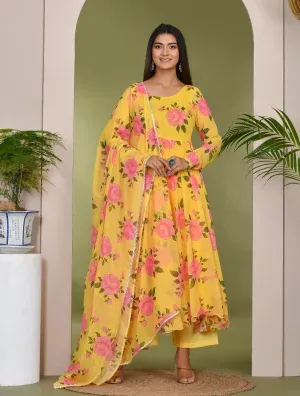 Floral print kurta set with coordinated pants and matching dupatta, offering elegant comfort for festive and daytime occasions, designed with timeless charm, Golden Muslin by Priyanka Rathore.