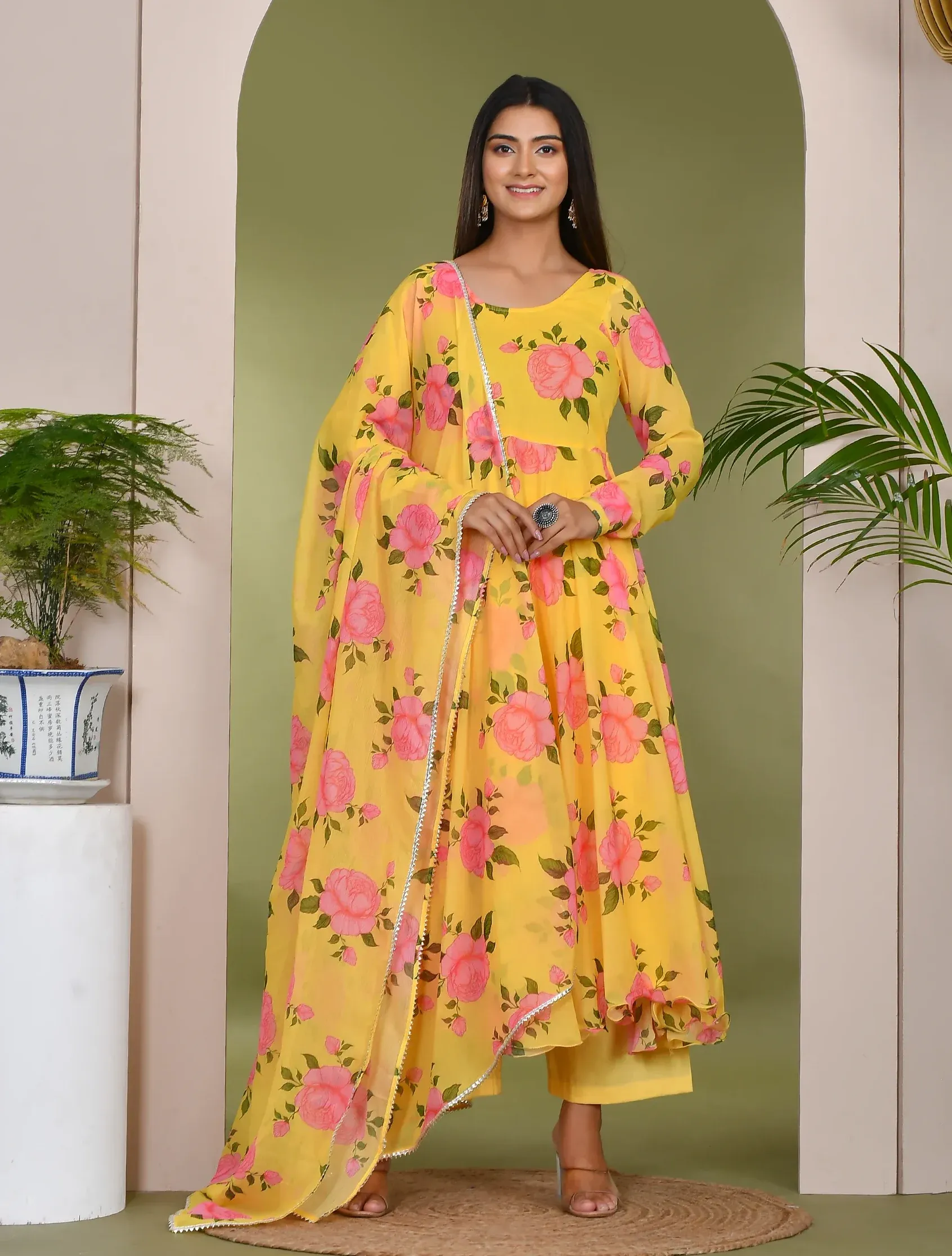 Floral print kurta set with coordinated pants and matching dupatta, offering elegant comfort for festive and daytime occasions, designed with timeless charm, Golden Muslin by Priyanka Rathore.