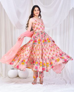 Pink floral printed cotton Anarkali set in Golden Muslin by Priyanka Rathore with flowing flared silhouette