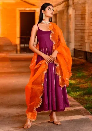 Purple cotton silk Anarkali suit set with delicate gota work detailing and flowing silhouette, designed for refined festive elegance and graceful movement, Golden Muslin by Priyanka Rathore.