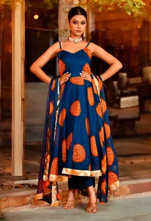 Teal blue printed chiffon Anarkali suit set with artistic prints and delicate gota work detailing, offering fluid elegance and festive shimmer, Golden Muslin by Priyanka Rathore.