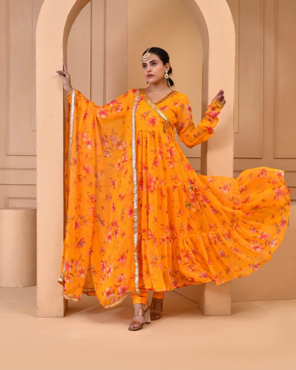 Yellow chiffon floral print floor-length Anarkali set with angrakha silhouette, subtle gota detailing, solid yellow churidar and matching floral dupatta with gota accents in Golden Muslin by Priyanka Rathore