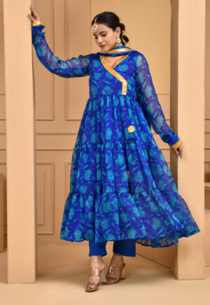 Blue chiffon floral print floor-length Anarkali set with angrakha silhouette, subtle gota detailing, solid blue pants and matching floral dupatta with gota accents in Golden Muslin by Priyanka Rathore