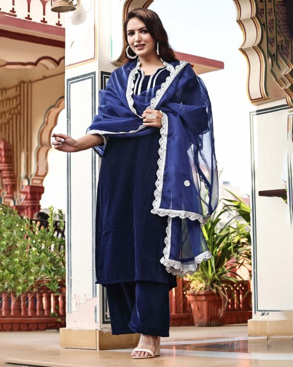 Navy blue velvet silk kurta set in Golden Muslin by Priyanka Rathore with handcrafted organza dupatta