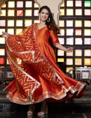 Orange cotton silk Anarkali suit set in Golden Muslin by Priyanka Rathore with gota hem and zari woven dupatta