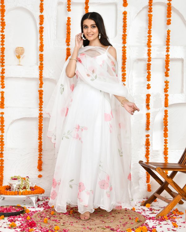 White organza floor-length Anarkali with floral hand-painted details, noodle straps, and embroidered dupatta from Golden Muslin by Priyanka Rathore.