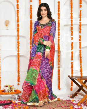 Multicolour Panchrangi Rajasthani bandhani print chiffon Anarkali with churidar sleeves and gota lace from Golden Muslin by Priyanka Rathore.