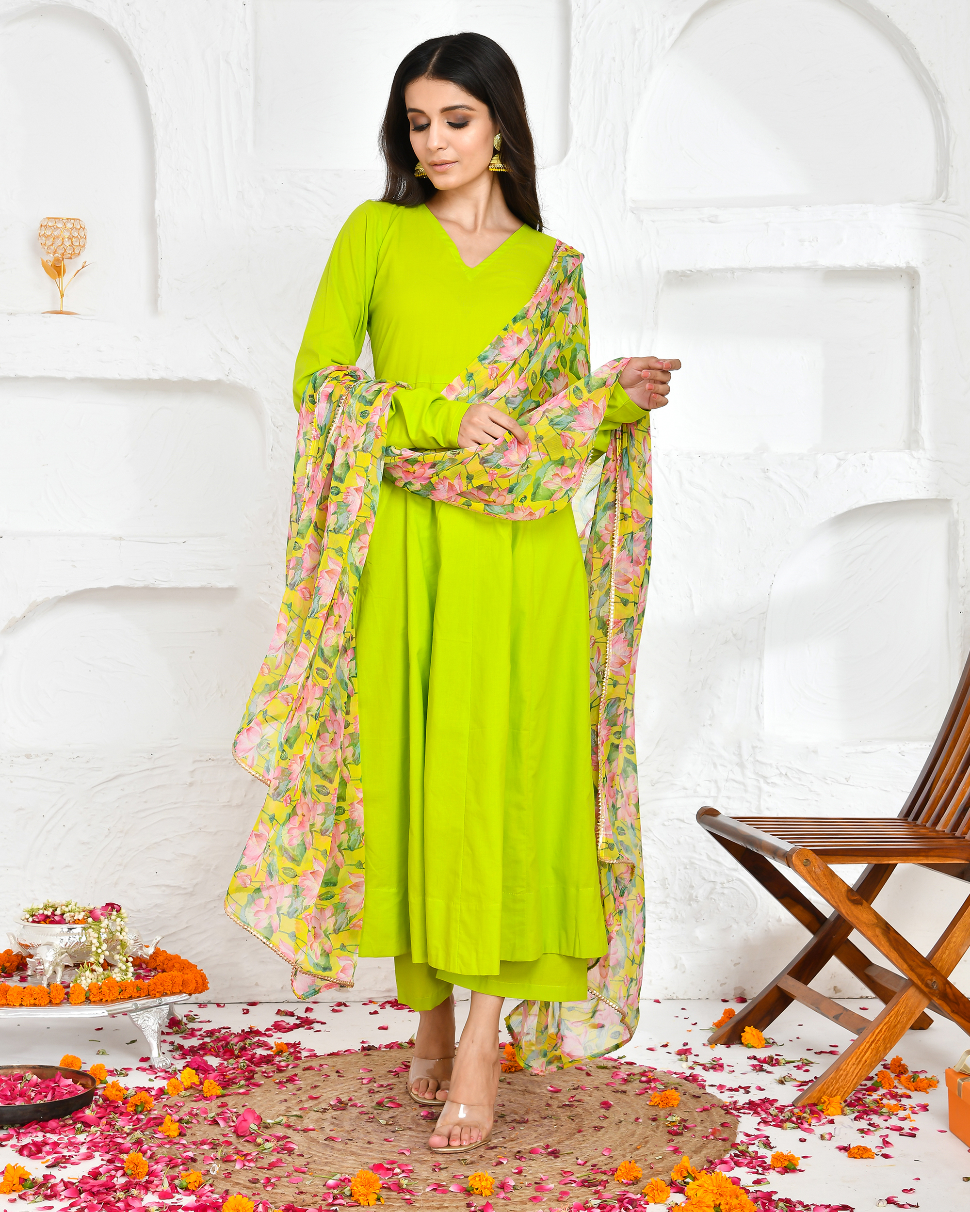 Green cotton anarkali with churidar sleeves, matching palazzo pants, and a floral-printed chiffon dupatta from Golden Muslin by Priyanka Rathore.