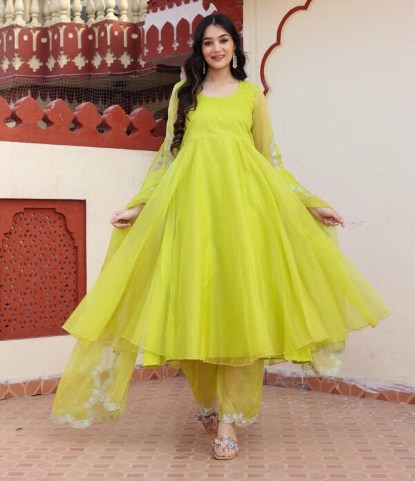 Lime green organza anarkali set in Golden Muslin by Priyanka Rathore with embroidered sleeves and scalloped dupatta