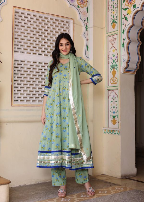 Mint green cotton Anarkali set in Golden Muslin by Priyanka Rathore with delicate gota work