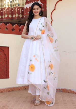 White taffeta silk anarkali in Golden Muslin by Priyanka Rathore with hand-painted organza dupatta