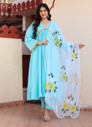Sky blue cotton Anarkali set in Golden Muslin by Priyanka Rathore with hand-painted georgette dupatta
