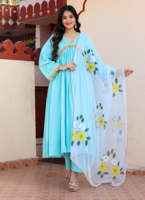 Sky blue cotton Anarkali set in Golden Muslin by Priyanka Rathore with hand-painted georgette dupatta