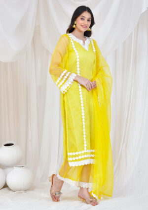 Yellow organza lace work suit set in Golden Muslin by Priyanka Rathore with cotton inner kurta
