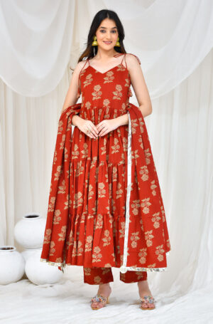 Maroon heavily flared cotton Anarkali set in Golden Muslin by Priyanka Rathore with tiered silhouette