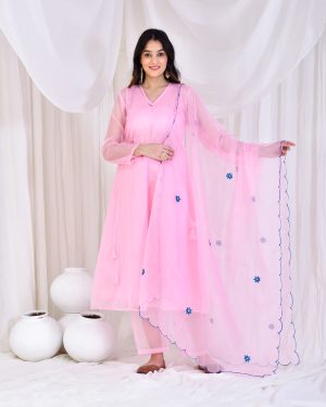 Pink organza embroidered suit set in Golden Muslin by Priyanka Rathore with kurta, inner, pants, and dupatta