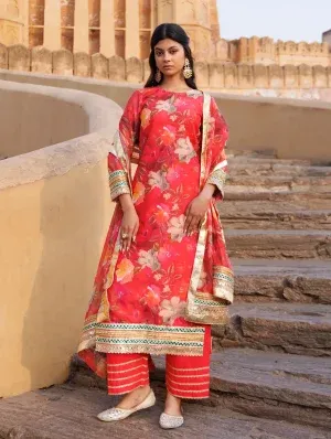 Coral Chanderi kurta set with floral prints, gota accents and subtle sequins from Golden Muslin by Priyanka Rathore