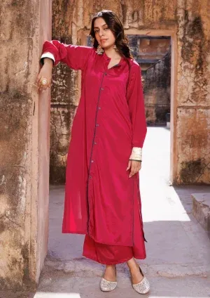 Wine crepe co-ord set with oversized collared shirt and fluid drape from Golden Muslin by Priyanka Rathore