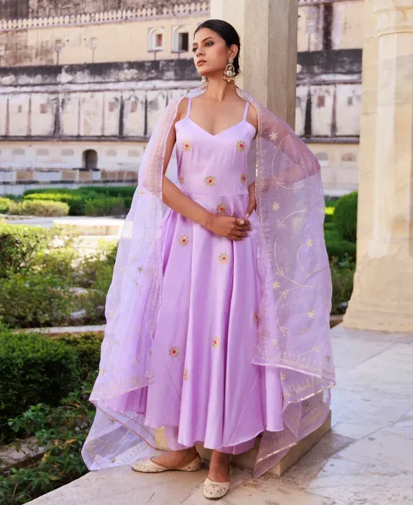 Lavender cotton silk Anarkali set with strappy silhouette, gota patti appliqué, and organza dupatta from Golden Muslin by Priyanka Rathore