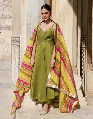 Green Dupion silk Anarkali set with strappy silhouette and delicate aari embroidery from Golden Muslin by Priyanka Rathore